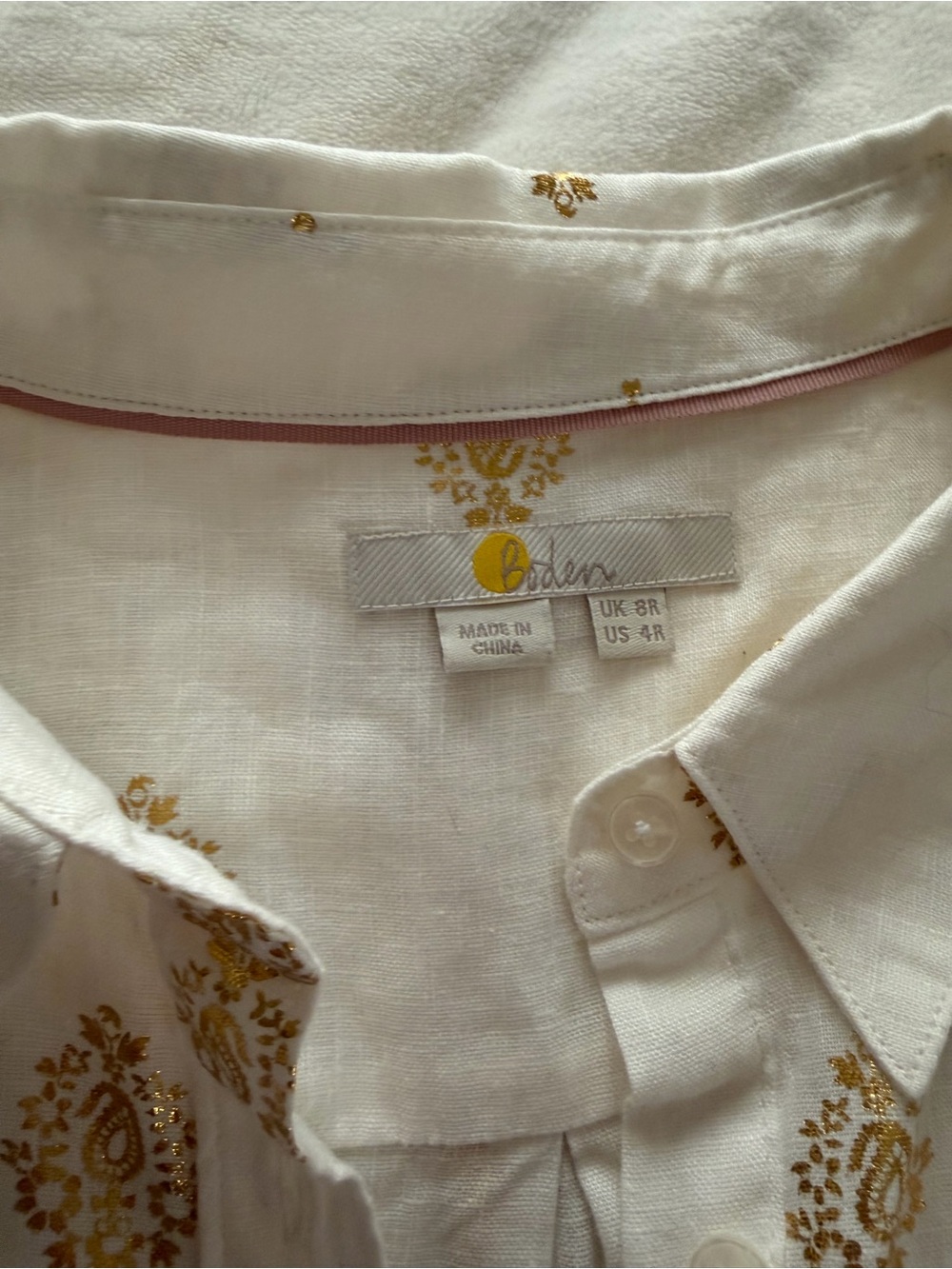 Boden White Shirt with Gold Embroidery
